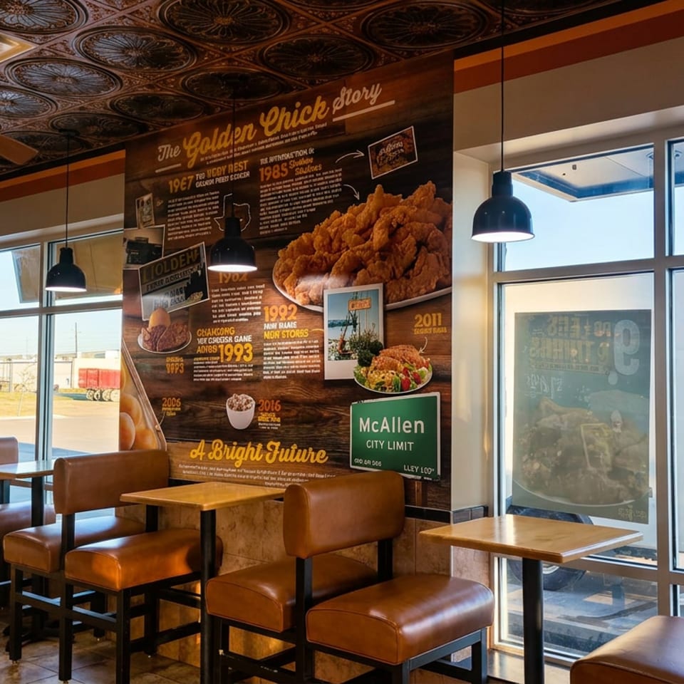 Warmly lit Golden Chick restaurant dining area with brown booths, tables, patterned ceiling, large windows, and chicken-themed wall mural.