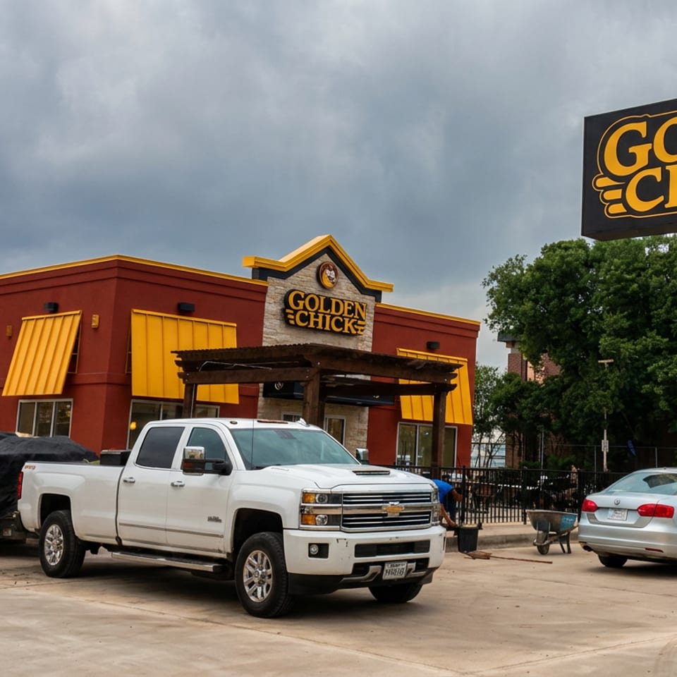 Golden Chick restaurant exterior with red and yellow branding, roadside sign, parked vehicles, and cloudy sky.