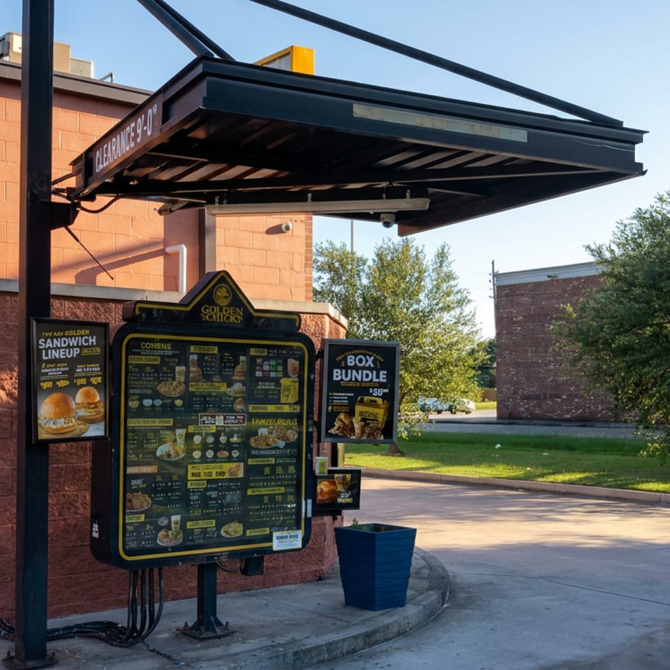 Golden Chick restaurant drive-through menu beside a brick building, displaying sandwich and box meal options under a canopy.