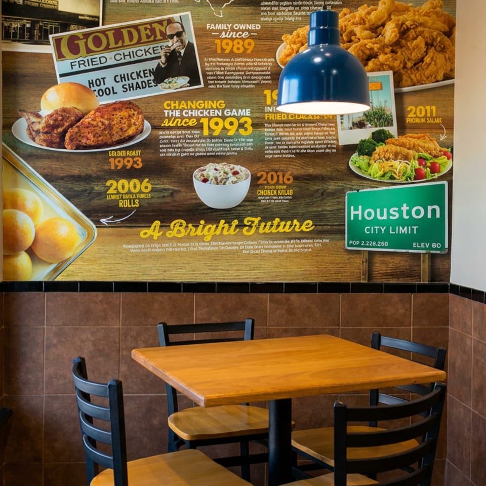 Restaurant dining corner with a wooden table, black chairs, and a Golden Chick fried chicken history mural.