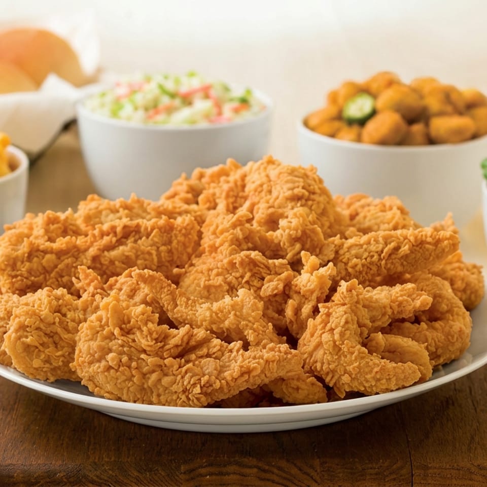 Plate of crispy fried chicken tenders surrounded by bowls of mashed potatoes, green beans, coleslaw, macaroni, and salad.