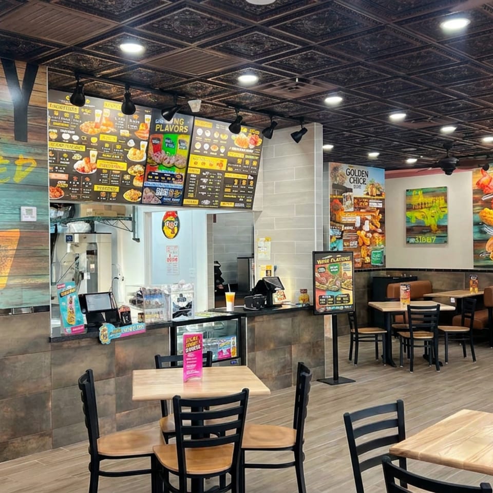Modern Golden Chick restaurant interior with illuminated menu boards, fried chicken posters, counter, and empty dining tables.