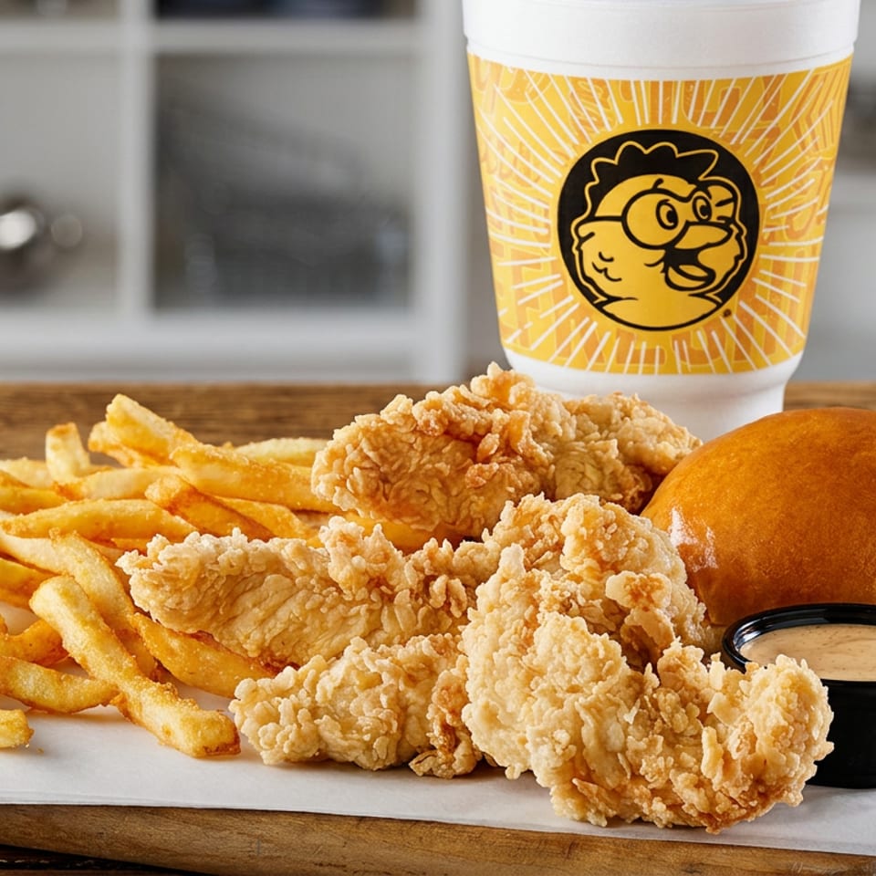 Crispy fried chicken tenders, golden fries, dipping sauce, and a bun served with a branded drink on a wooden table.