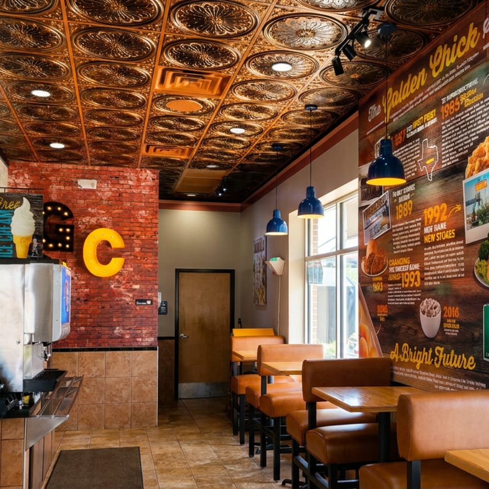 Bright fried chicken restaurant interior with ornate tin ceiling, brick accent wall, booth seating, blue pendant lights, and a historical mural.
