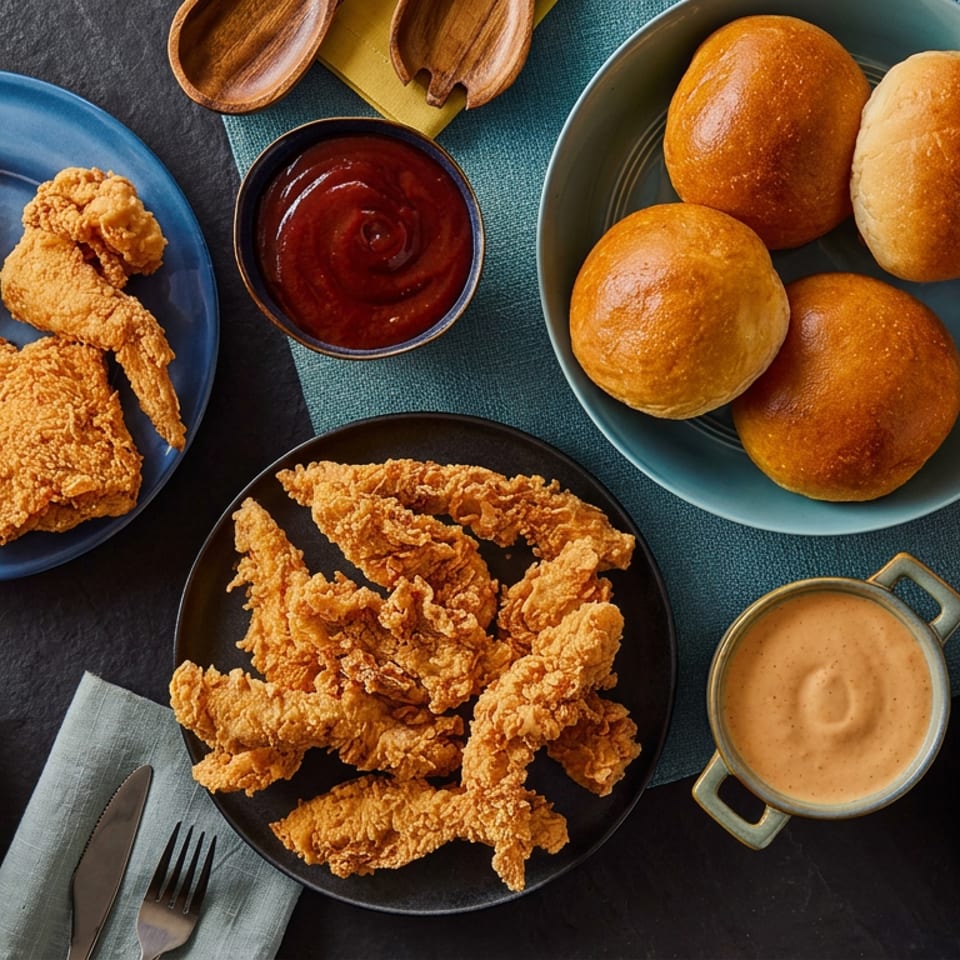 Overhead spread of fried chicken, crispy tenders, dinner rolls, dipping sauces, green beans, and salad on a rustic table.