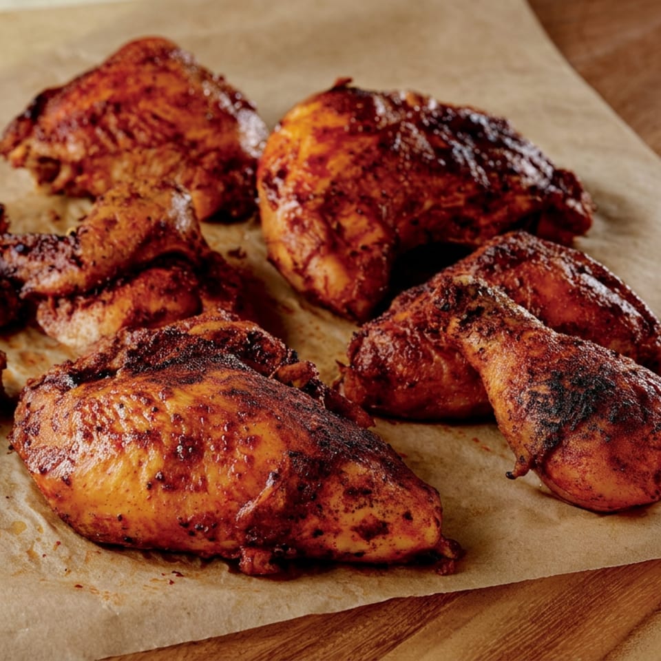 Assorted grilled chicken pieces with charred, spiced skin arranged on parchment paper atop a wooden board.