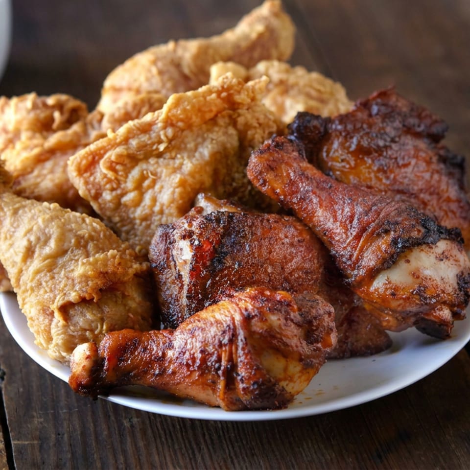 Plate of crispy fried chicken and grilled barbecue chicken pieces on a rustic wooden table, with dipping sauce nearby.