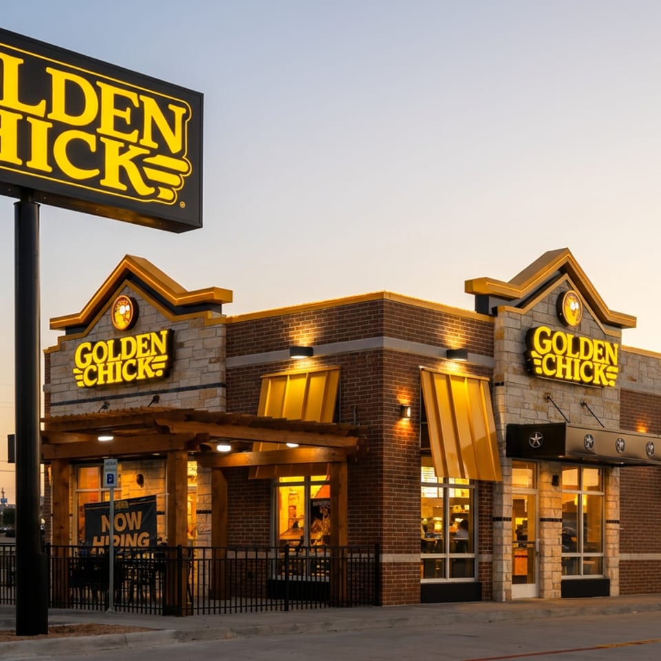 Golden Chick restaurant exterior at sunset, featuring illuminated signage, brick and stone facade, outdoor patio, and parking lot.