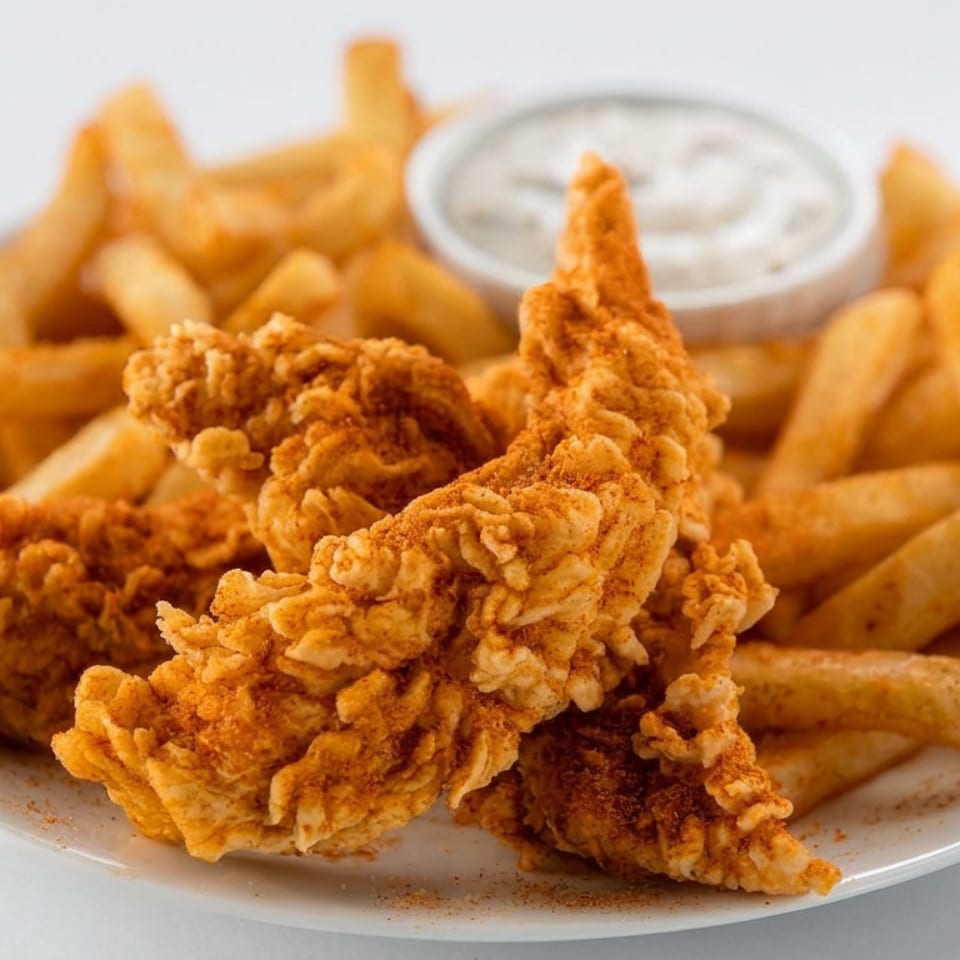 Crispy fried chicken tenders and golden French fries served on a plate with dipping sauce.