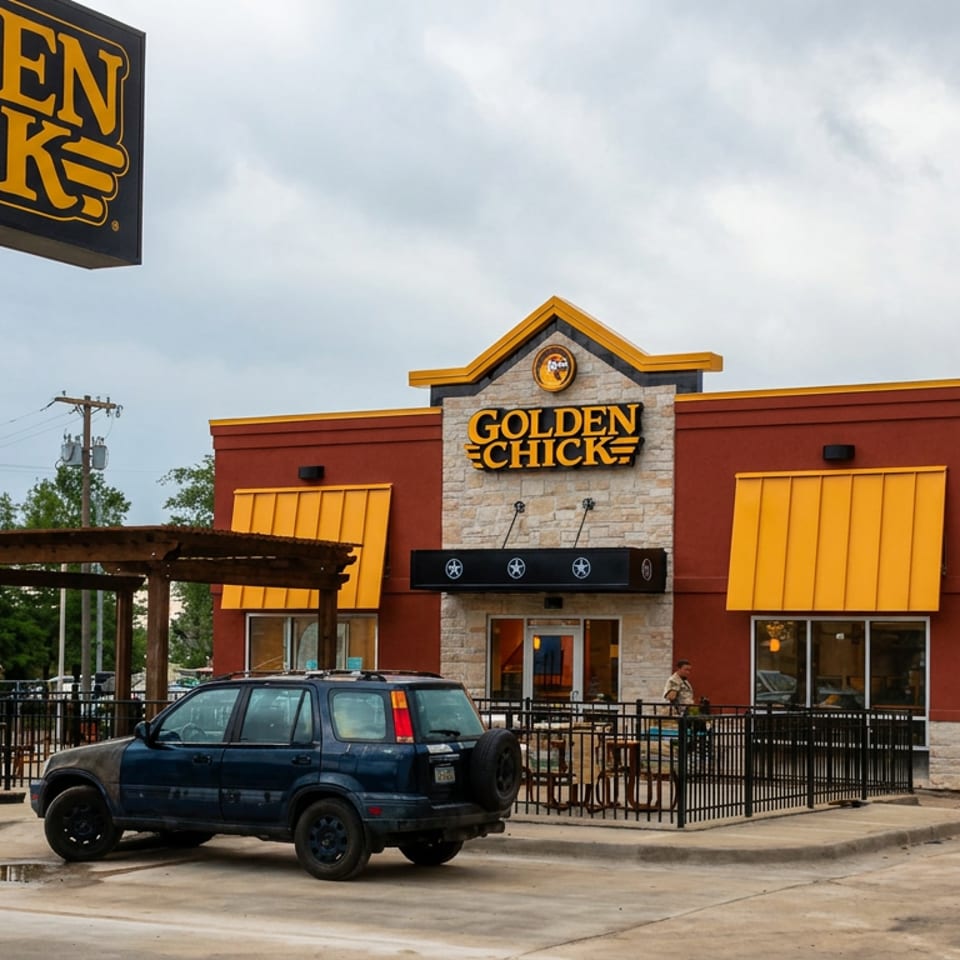 Golden Chicken restaurant exterior with red walls, yellow awnings, patio seating, signage, and a parked blue SUV.