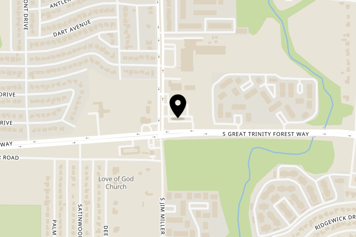 Map showing the location of Golden Chick Dallas Jim Miller Road on 116 N Jim Miller Rd in Dallas