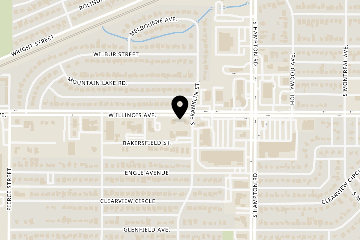 Map showing the location of Golden Chick Dallas Illinois Avenue on 2510 W Illinois Ave in Dallas