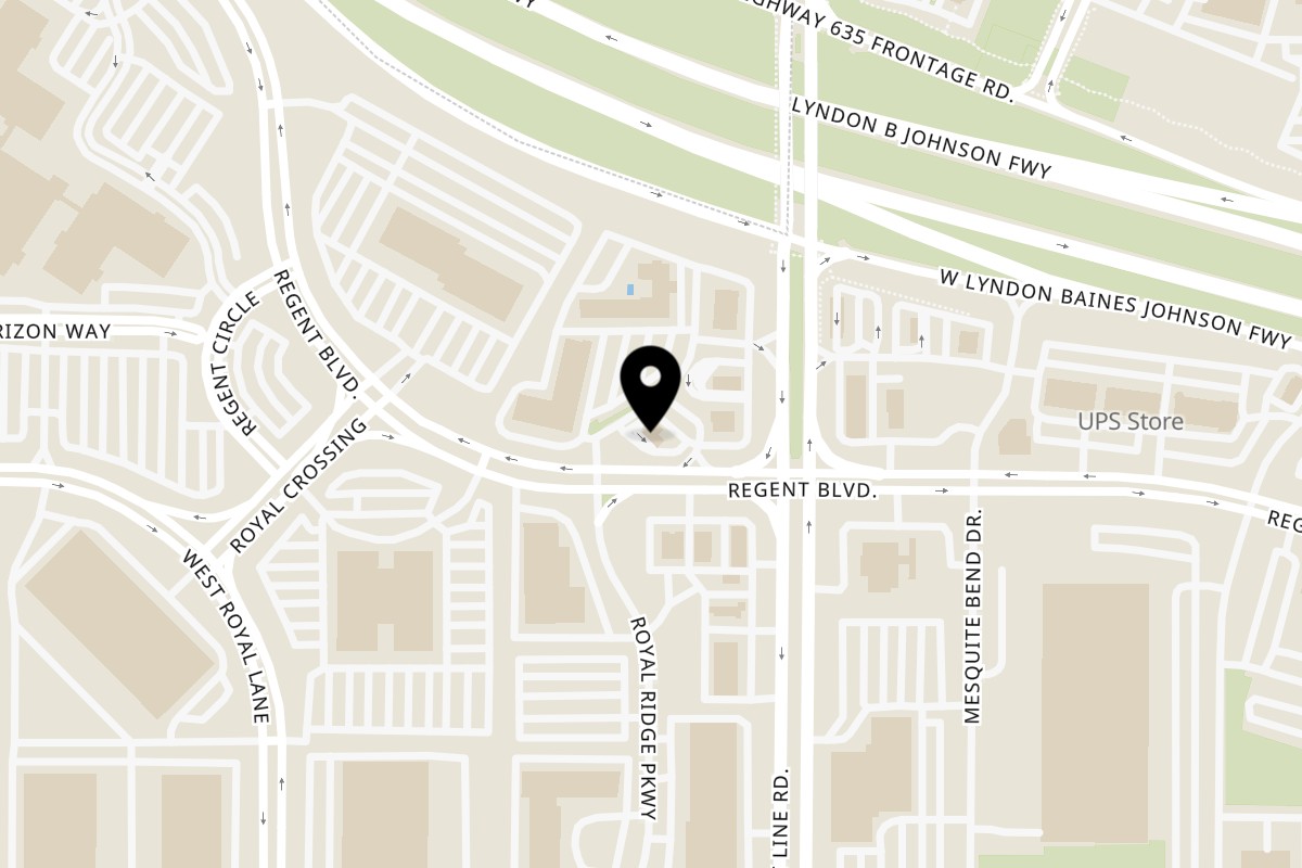 Map showing the location of Golden Chick Irving Regent Boulevard on 3511 Regent Blvd #100 in Irving
